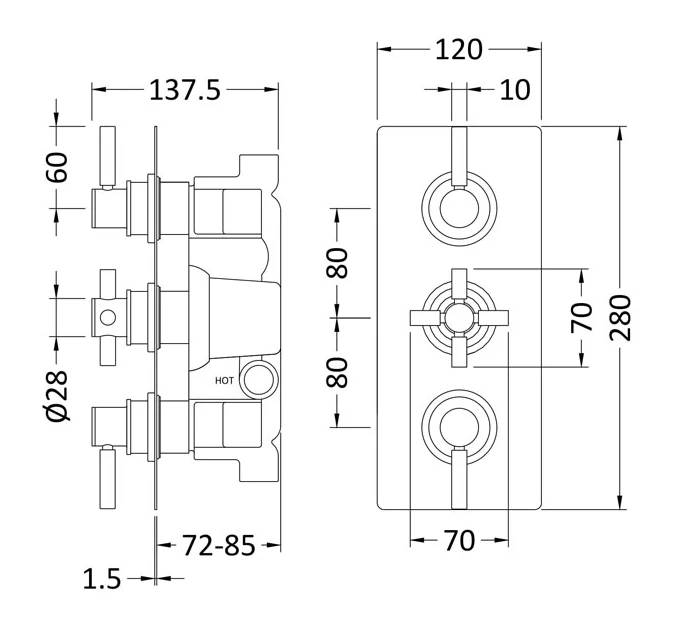 Tec Pura Plus Brushed Brass Concealed Thermostatic Triple Shower Valve With Diverter - Hudson Reed A8023 - Image 2