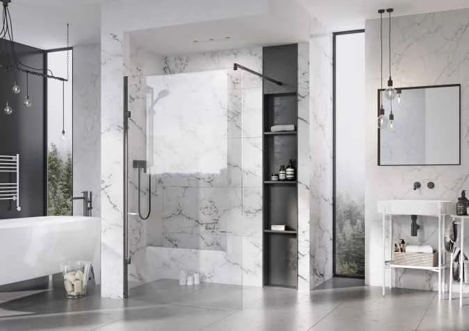 Roman Liberty 1057mm Matt Black Wetroom Panel With Clear Glass Corner - Image 2
