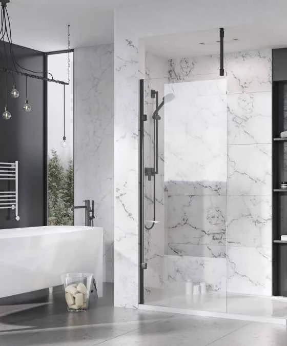 Roman Liberty 1057mm Matt Black Wetroom Panel With Clear Glass Corner
