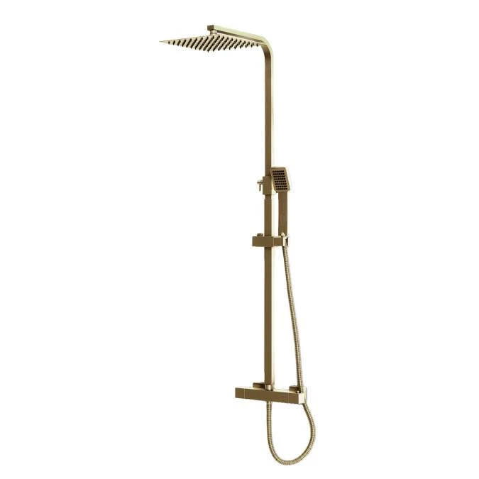 Elliott Square Brushed Brass Dual Head Exposed Thermostatic Shower With Metal Fixed Head