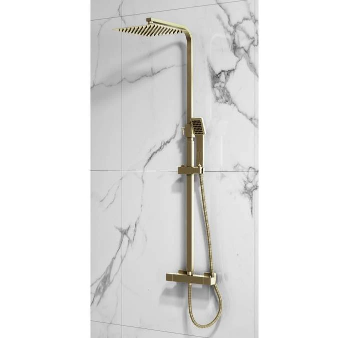 Elliott Square Brushed Brass Dual Head Exposed Thermostatic Shower With Metal Fixed Head - Image 2