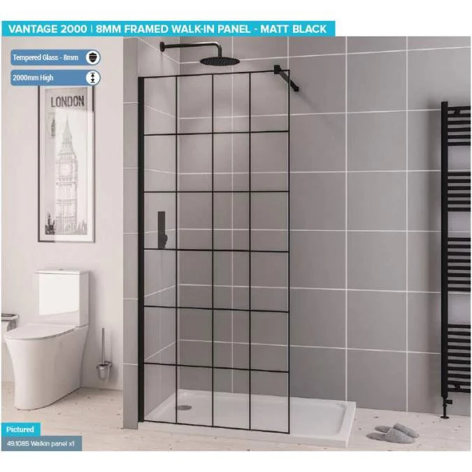 Vantage 2000, 900mm Matt Black Framed Walk In Shower Screen - Eastbrook - Image 2