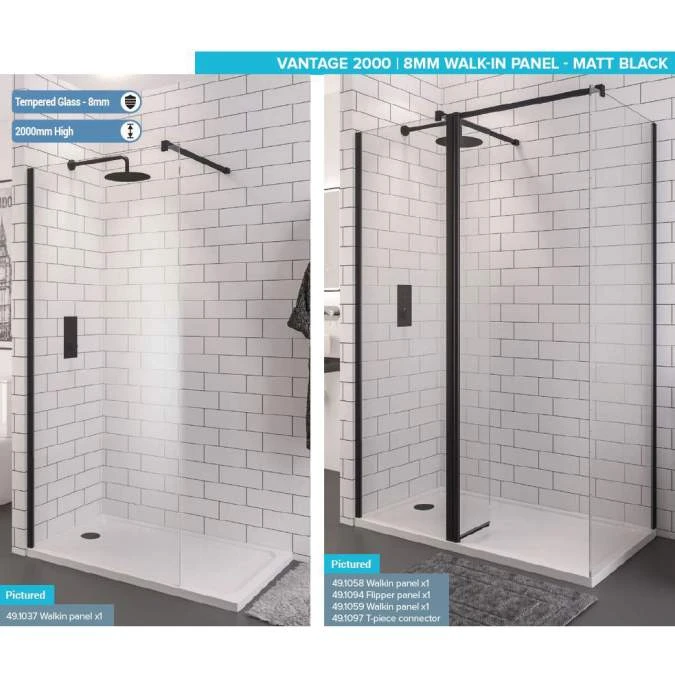 Vantage 8mm, 300mm Matt Black Walk In Shower Screen - Eastbrook - Image 2